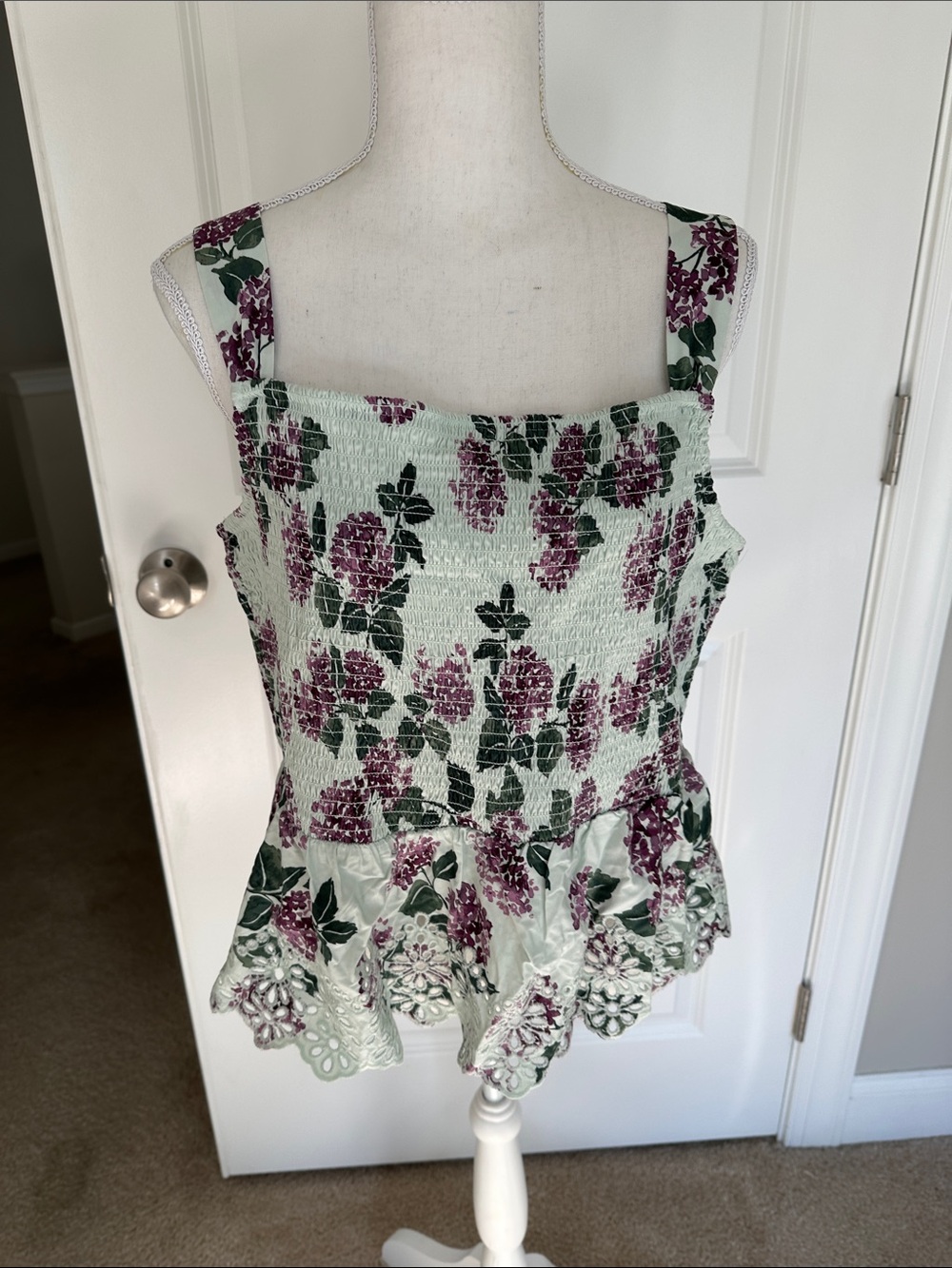 Market & Spruce Mint Green Floral Smocked Peplum Camisole with Purple Print